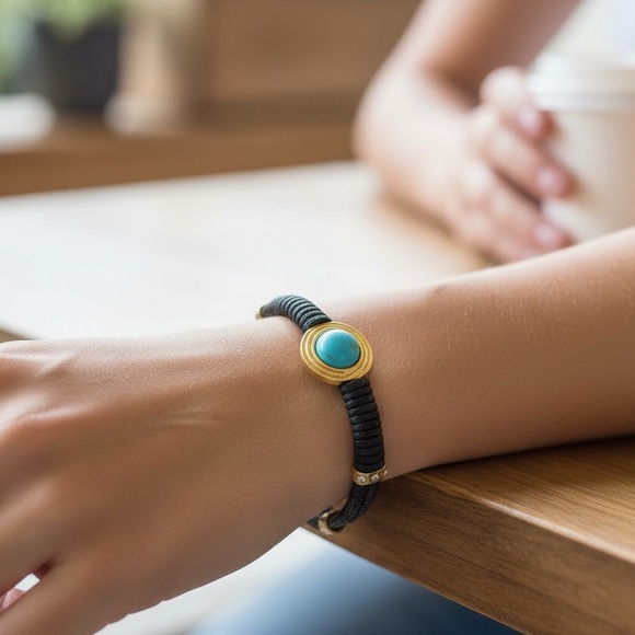 Jewelry - Black and Gold Bracelet with Turquoise Accent